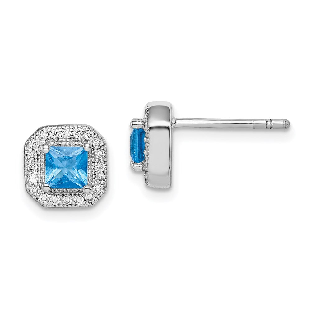 QE14470DEC Sterling Silver Rhodium Plated Square Blue and Clear CZ Post Earrings