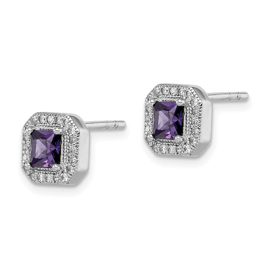 QE14470FEB Sterling Silver Rhodium Plated Square Purple CZ and Clear CZ Post Earrings