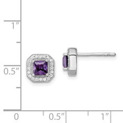 QE14470FEB Sterling Silver Rhodium Plated Square Purple CZ and Clear CZ Post Earrings