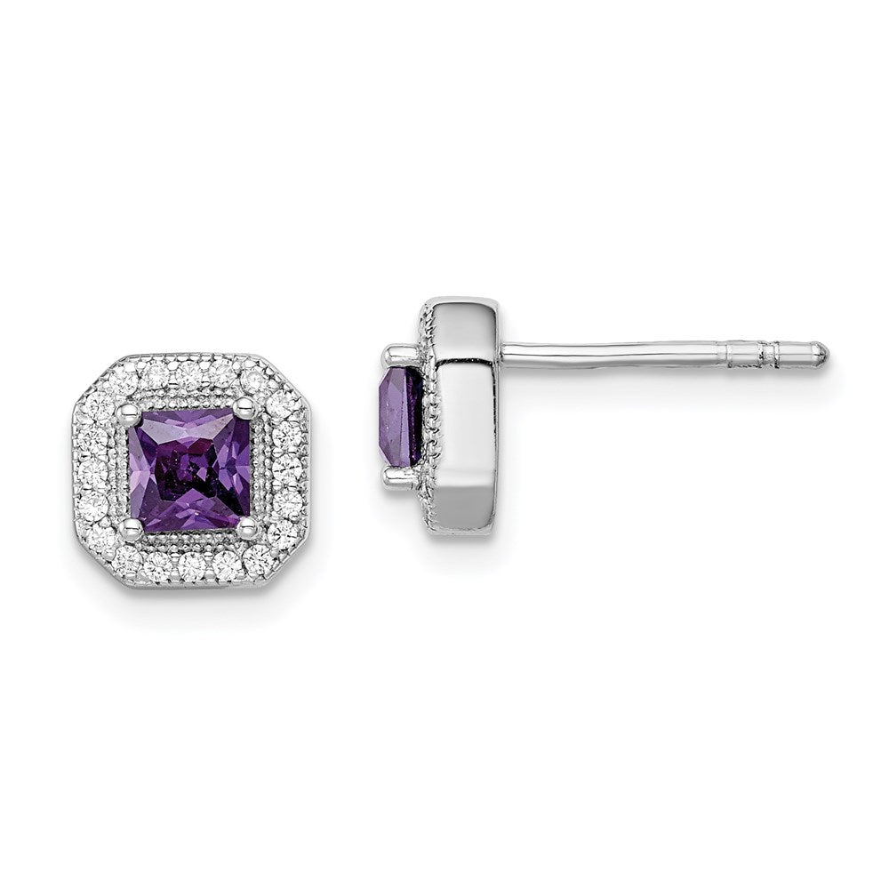 QE14470FEB Sterling Silver Rhodium Plated Square Purple CZ and Clear CZ Post Earrings