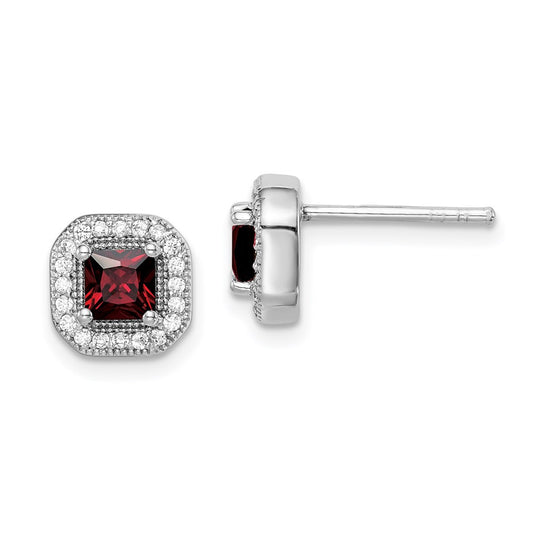 QE14470JAN Sterling Silver Rhodium Plated Square Red CZ and Clear CZ Post Earrings