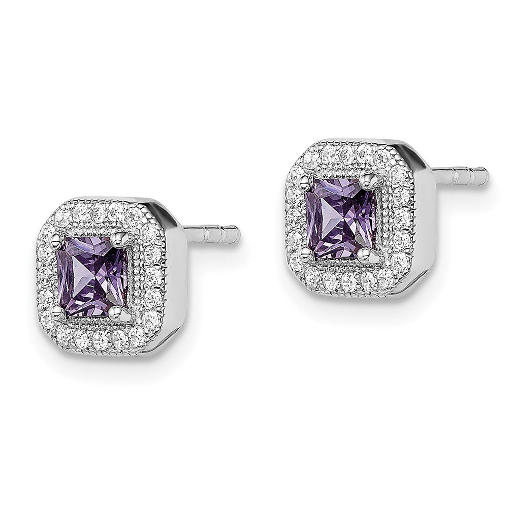 QE14470JUN Sterling Silver Rhodium Plated Square Light Purple and Clear CZ Post Earrings