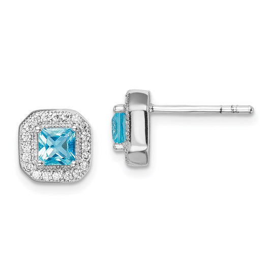 QE14470MAR Sterling Silver Rhodium Plated Square Light Blue and Clear CZ Post Earrings