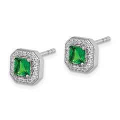 QE14470MAY Sterling Silver Rhodium Plated Square Green and Clear CZ Post Earrings