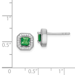 QE14470MAY Sterling Silver Rhodium Plated Square Green and Clear CZ Post Earrings