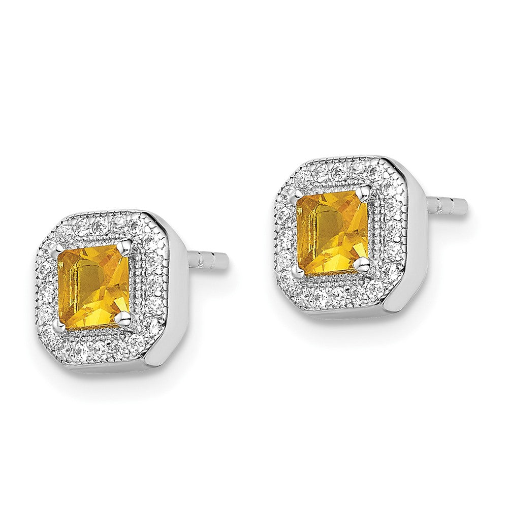 QE14470NOV Sterling Silver Rhodium Plated Square Dark Yellow and Clear CZ Post Earrings