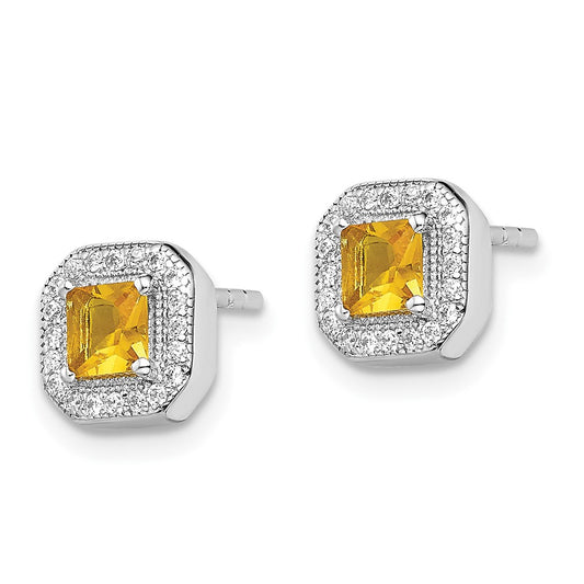 QE14470NOV Sterling Silver Rhodium Plated Square Dark Yellow and Clear CZ Post Earrings