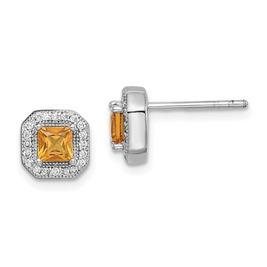QE14470NOV Sterling Silver Rhodium Plated Square Dark Yellow and Clear CZ Post Earrings