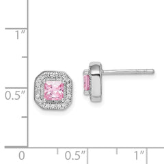 QE14470OCT Sterling Silver Rhodium Plated Square Pink CZ and Clear CZ Post Earrings