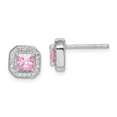 QE14470OCT Sterling Silver Rhodium Plated Square Pink CZ and Clear CZ Post Earrings