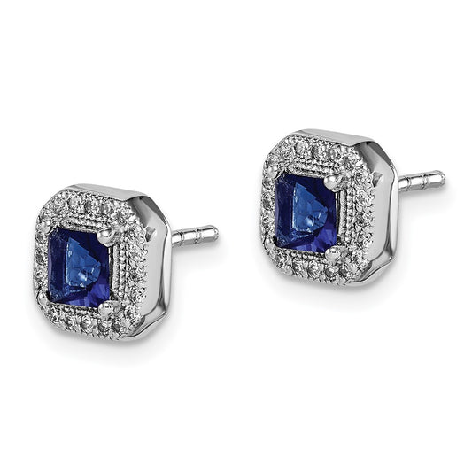 QE14470SEP Sterling Silver Rhodium Plated Square Blue and Clear CZ Post Earrings