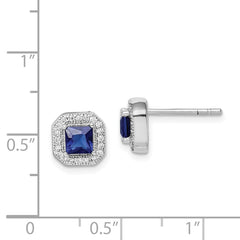 QE14470SEP Sterling Silver Rhodium Plated Square Blue and Clear CZ Post Earrings