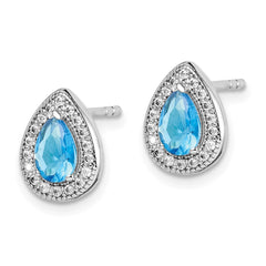 QE14472DEC Sterling Silver Rhodium Plated Blue and Clear CZ Post Earrings