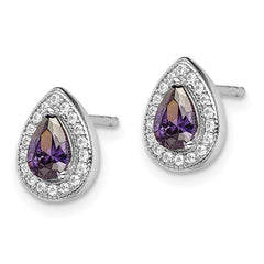 QE14472FEB Sterling Silver Rhod Plated Purple and Clear CZ Earrings