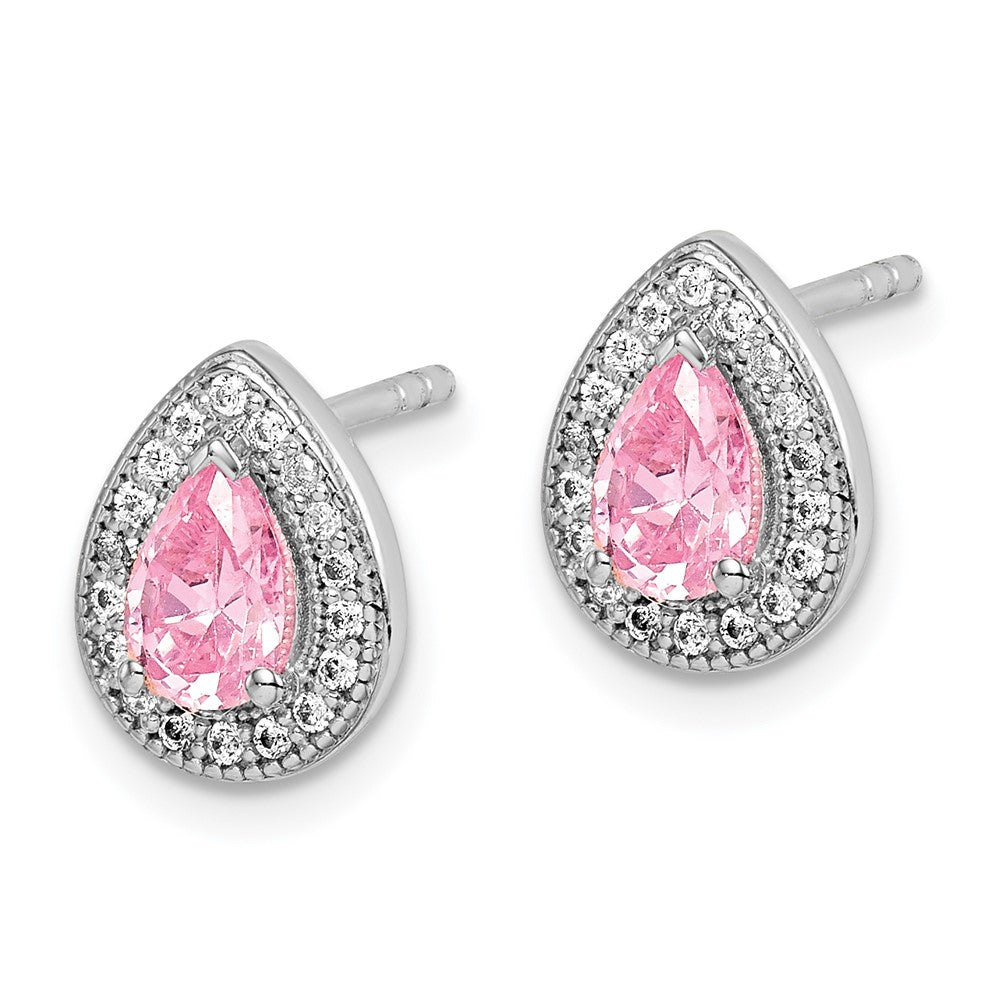 QE14472OCT Sterling Silver Rhodium Plated Pink and Clear CZ Post Earrings