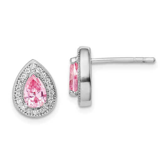 QE14472OCT Sterling Silver Rhodium Plated Pink and Clear CZ Post Earrings