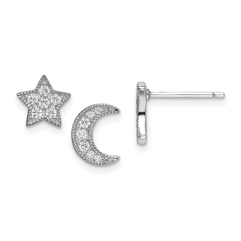 QE14481 Sterling Silver Rhodium-Plated CZ Star and Moon Left/Right Earrings