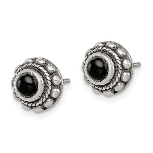 QE1449 Sterling Silver Polished & Antiqued Textured Onyx Round Post Earrings
