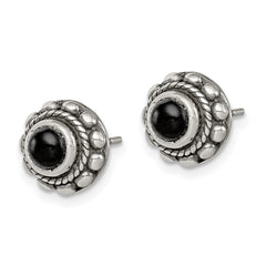 QE1449 Sterling Silver Polished & Antiqued Textured Onyx Round Post Earrings