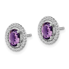 QE14494FEB Sterling Silver Rhod-plat Amethyst Oval Post Earrings