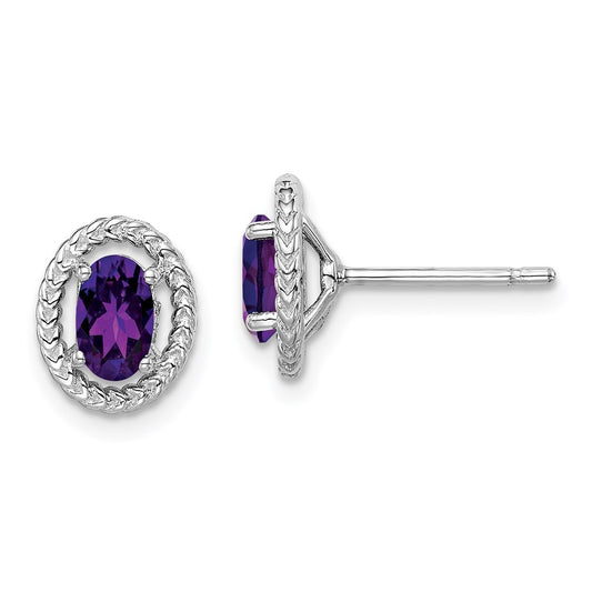 QE14494FEB Sterling Silver Rhod-plat Amethyst Oval Post Earrings