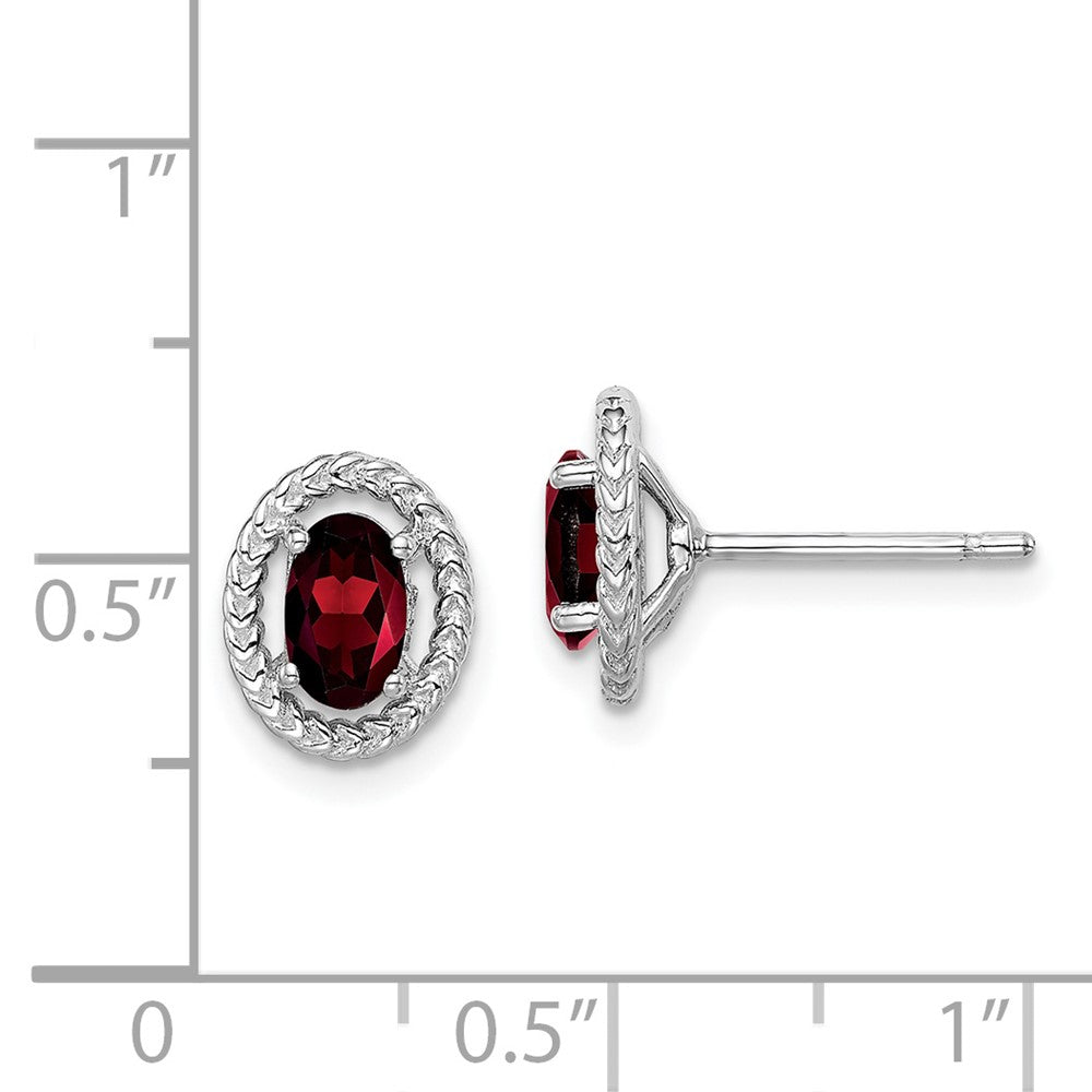 QE14494JAN Sterling Silver Rhodium-plated Garnet Oval Post Earrings