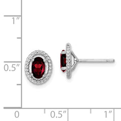 QE14494JAN Sterling Silver Rhodium-plated Garnet Oval Post Earrings