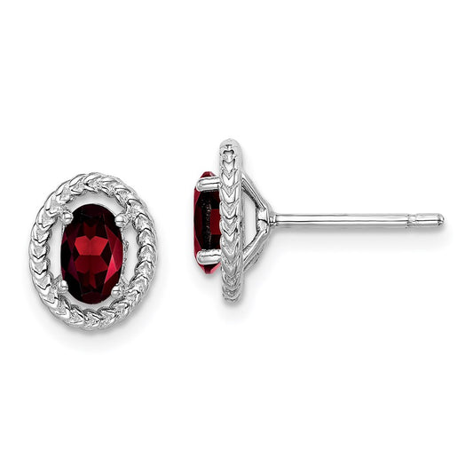 QE14494JAN Sterling Silver Rhodium-plated Garnet Oval Post Earrings