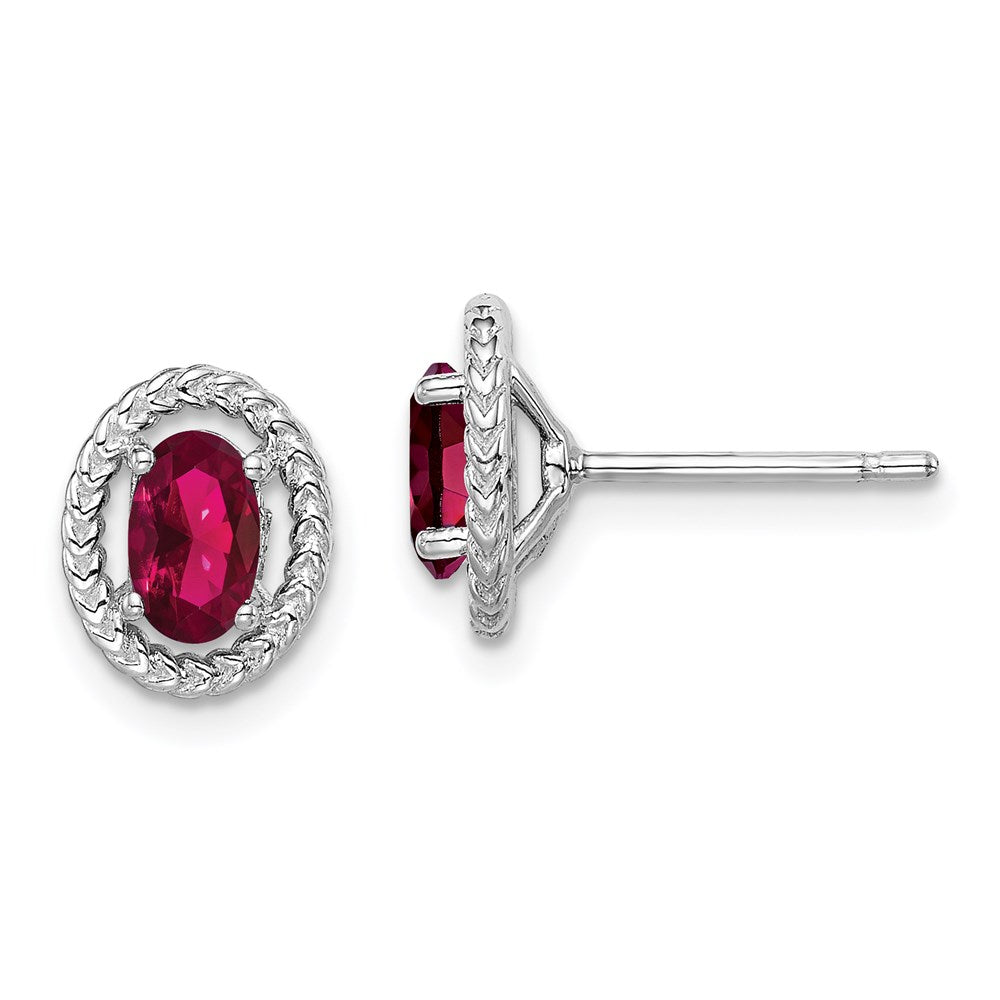 QE14494JUL Sterling Silver Rhod-plat Created Ruby Oval Post Earrings