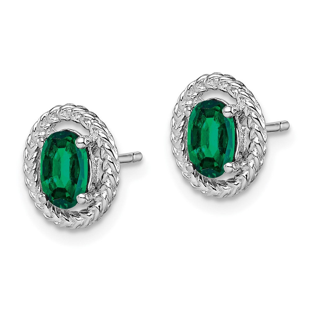QE14494MAY Sterling Silver Rhod-plat Created Emerald Oval Post Earrings