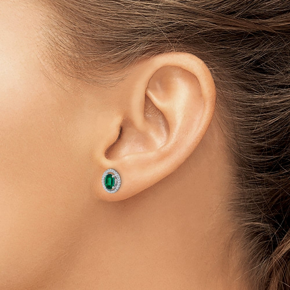 QE14494MAY Sterling Silver Rhod-plat Created Emerald Oval Post Earrings