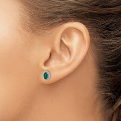 QE14494MAY Sterling Silver Rhod-plat Created Emerald Oval Post Earrings