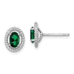 QE14494MAY Sterling Silver Rhod-plat Created Emerald Oval Post Earrings