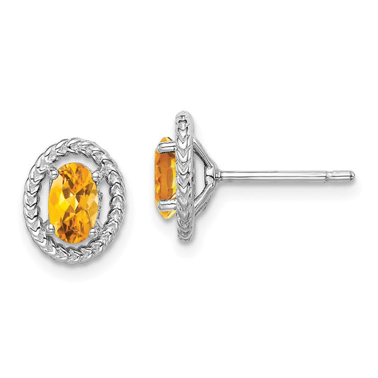 QE14494NOV Sterling Silver Rhod-plat Citrine Oval Post Earrings