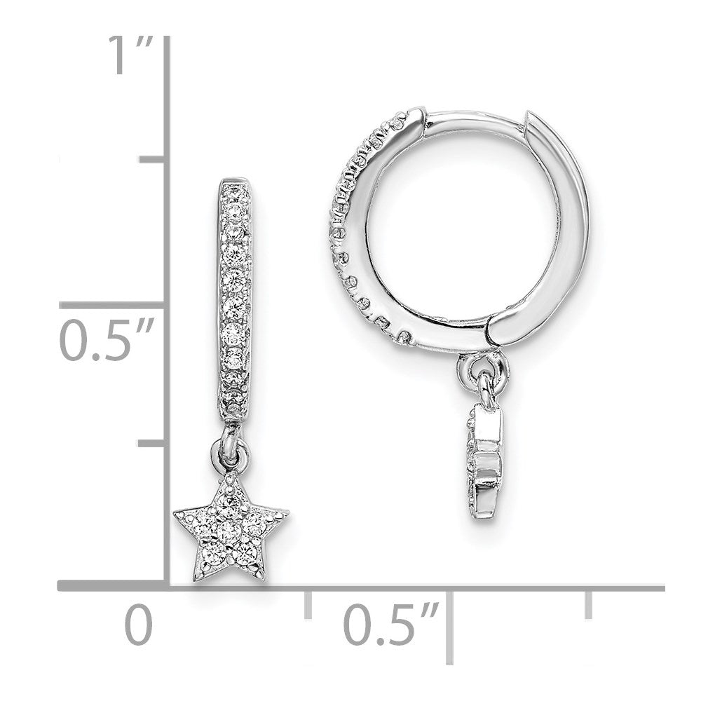 QE14520 Sterling Silver Rhodium-Plated CZ Hoops with Star Dangle Earrings