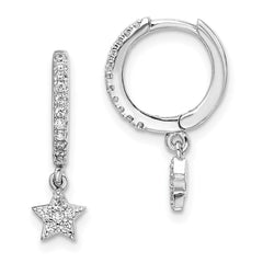 QE14520 Sterling Silver Rhodium-Plated CZ Hoops with Star Dangle Earrings