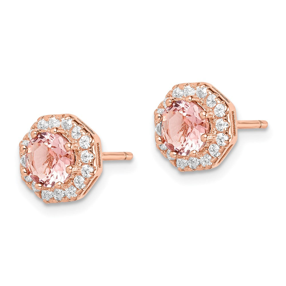 QE14529 Sterling Silver Rose-tone Polished Pink Crystal & CZ Halo Post Earrings