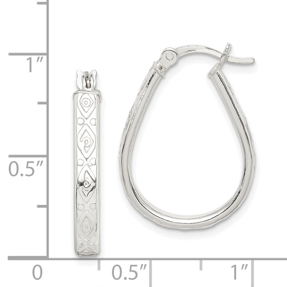 QE14547 Sterling Silver Patterned 3mm Teardrop Hoop Earrings