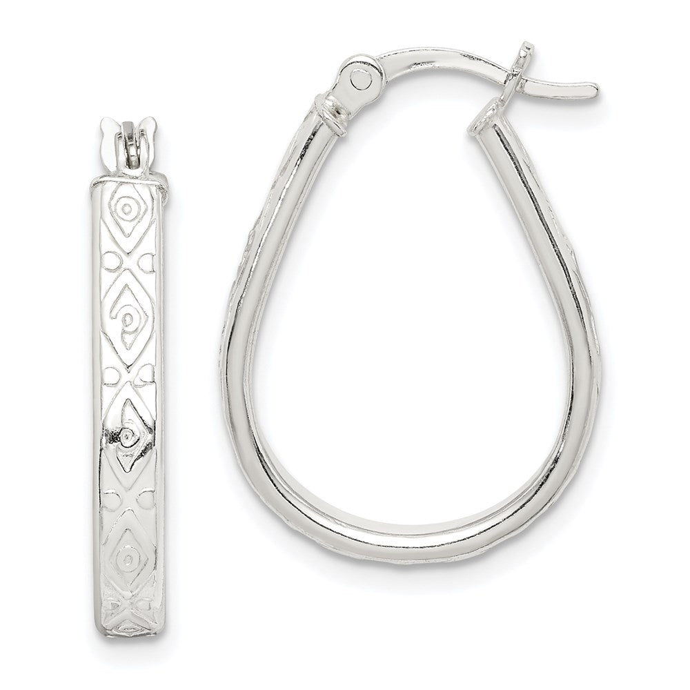 QE14547 Sterling Silver Patterned 3mm Teardrop Hoop Earrings