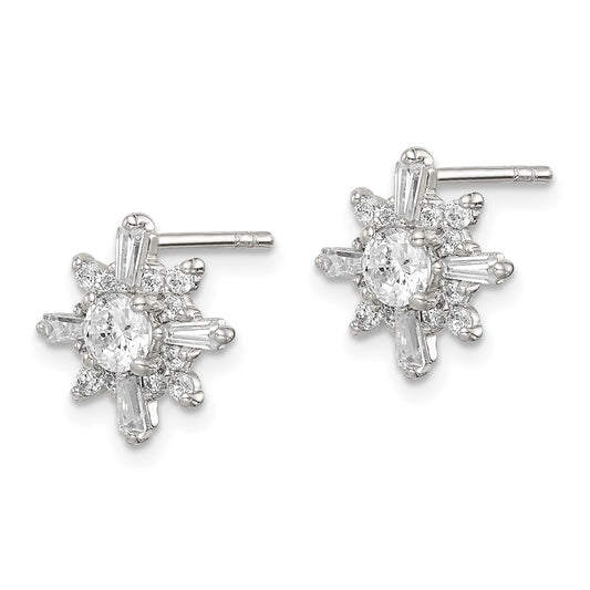 QE14566 Sterling Silver Polished CZ Snowflake Post Earrings