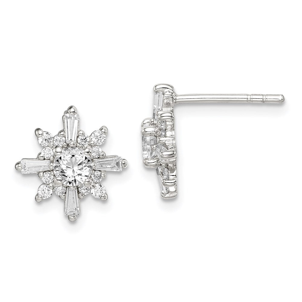 QE14566 Sterling Silver Polished CZ Snowflake Post Earrings