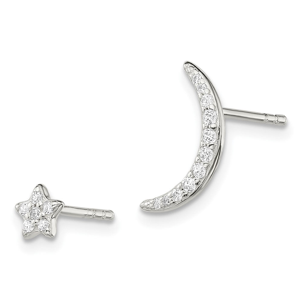 QE14614 Sterling Silver Polished CZ Moon and Star Post Earrings