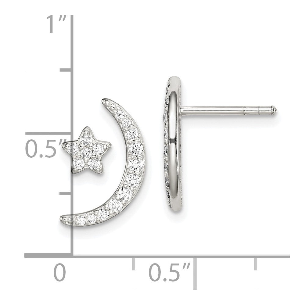 QE14614 Sterling Silver Polished CZ Moon and Star Post Earrings