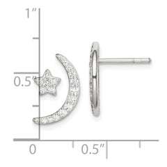 QE14614 Sterling Silver Polished CZ Moon and Star Post Earrings