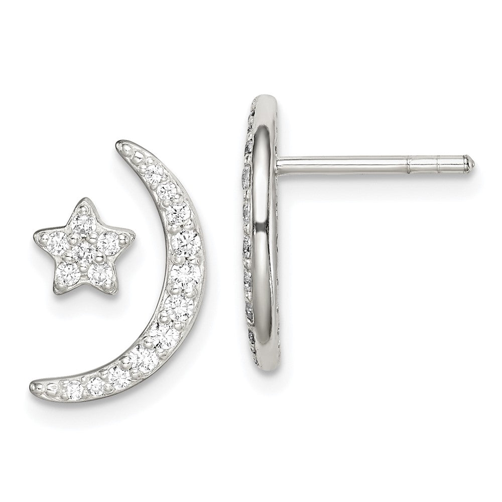QE14614 Sterling Silver Polished CZ Moon and Star Post Earrings