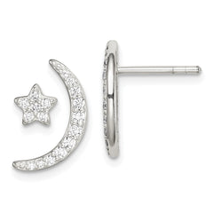 QE14614 Sterling Silver Polished CZ Moon and Star Post Earrings
