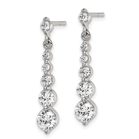 QE14617 Sterling Silver Polished CZ Journey Post Dangle Earrings