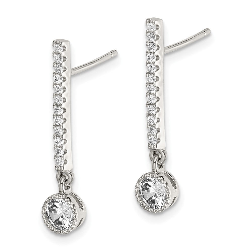 QE14634 Sterling Silver Rhodium-plated Polished CZ Bar Post Dangle Earrings
