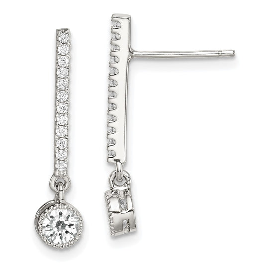 QE14634 Sterling Silver Rhodium-plated Polished CZ Bar Post Dangle Earrings