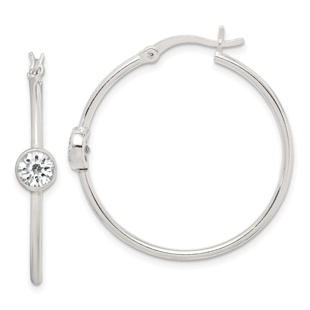 QE14636 Sterling Silver CZ Polished Hoop Earrings